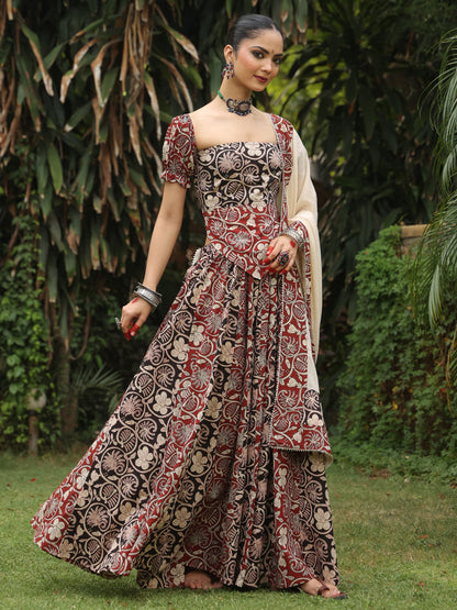 Women's Dual Coloured Cotton Printed Skirt Set with Dupatta