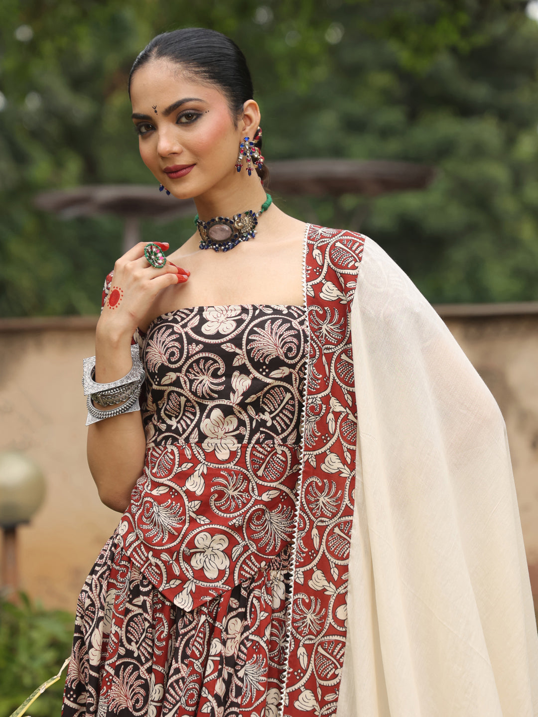 Women's Dual Coloured Cotton Printed Skirt Set with Dupatta