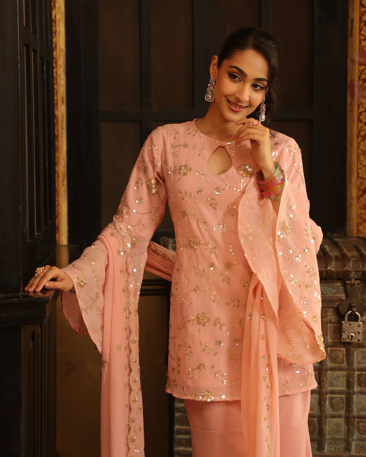 Women's Pink Embroidered Sharara Set with Dupatta