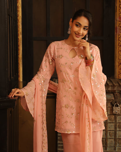 Women's Pink Embroidered Sharara Set with Dupatta