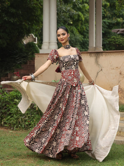 Women's Dual Coloured Cotton Printed Skirt Set with Dupatta