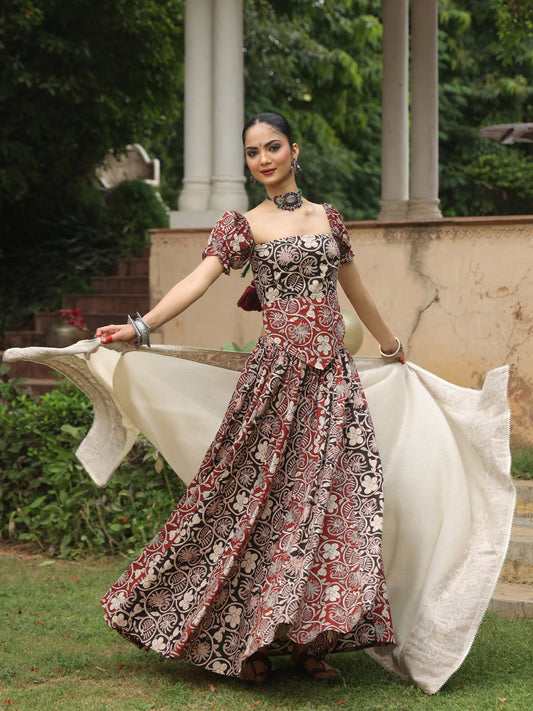 Women's Dual Coloured Cotton Printed Skirt Set with Dupatta