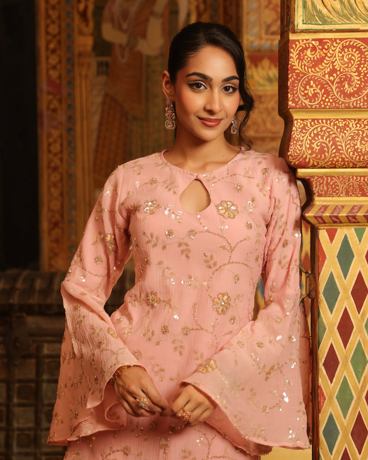 Women's Pink Embroidered Sharara Set with Dupatta