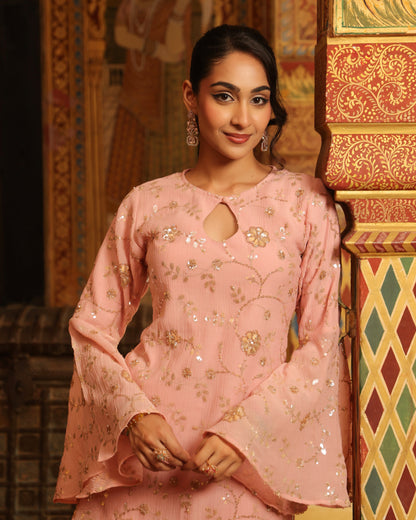 Women's Pink Embroidered Sharara Set with Dupatta