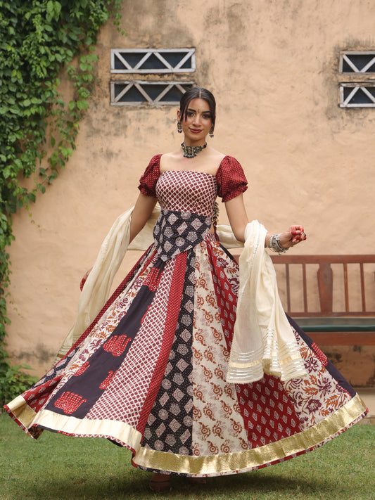 Women's Multi Printed Flared Skirt Set With Dupatta