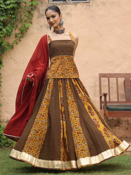Women's Mustard Multi Printed Sleeveless Skirt Set with Dupatta
