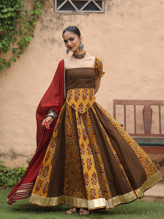 Women's Mustard Multi Printed Flared Skirt Set with Dupatta