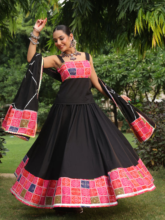 Women's Black and Multi Bandhni Printed Sleeveless Skirt Set with Dupatta