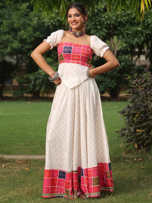 Women's White Cotton Flared Skirt Set with Dupatta