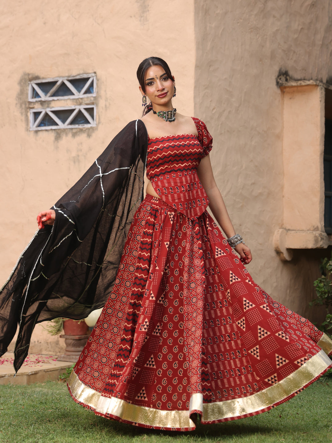Women's Maroon Multi Printed Skirt Set with Dupatta