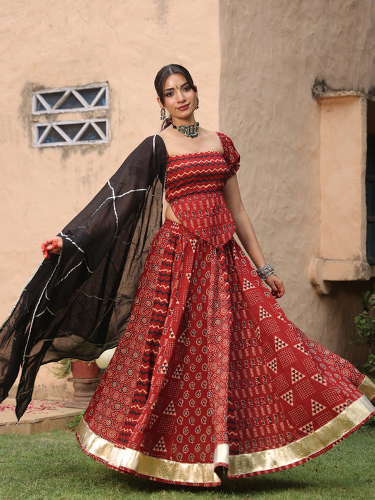 Women's Maroon Multi Printed Skirt Set with Dupatta