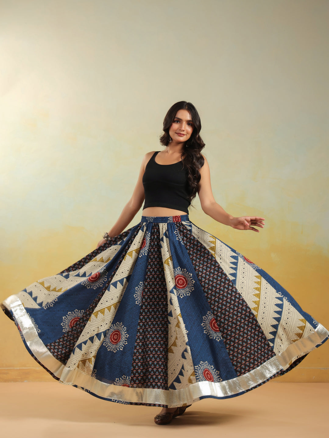 Women's Multi Printed Flared Long Skirt
