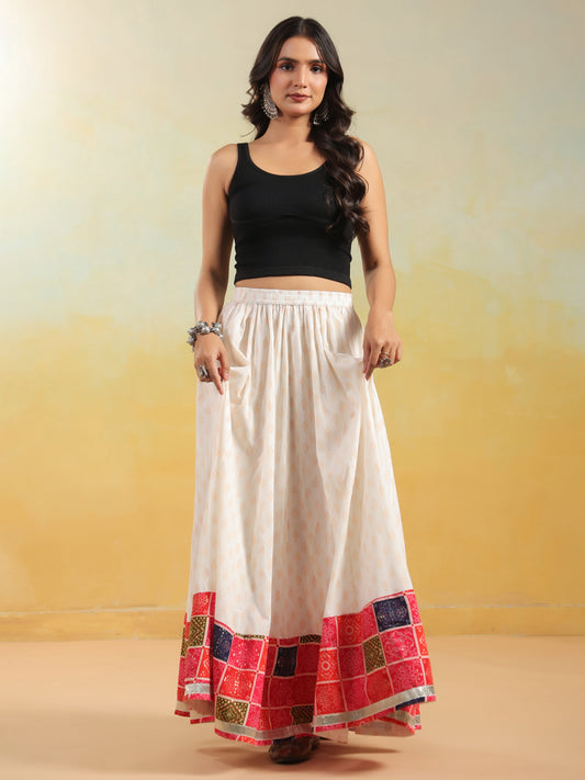 Women's Dual Coloured Printed Long Skirt in White