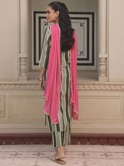 Women’s Striped Embroidered Straight Kurta and Pants with Dupatta