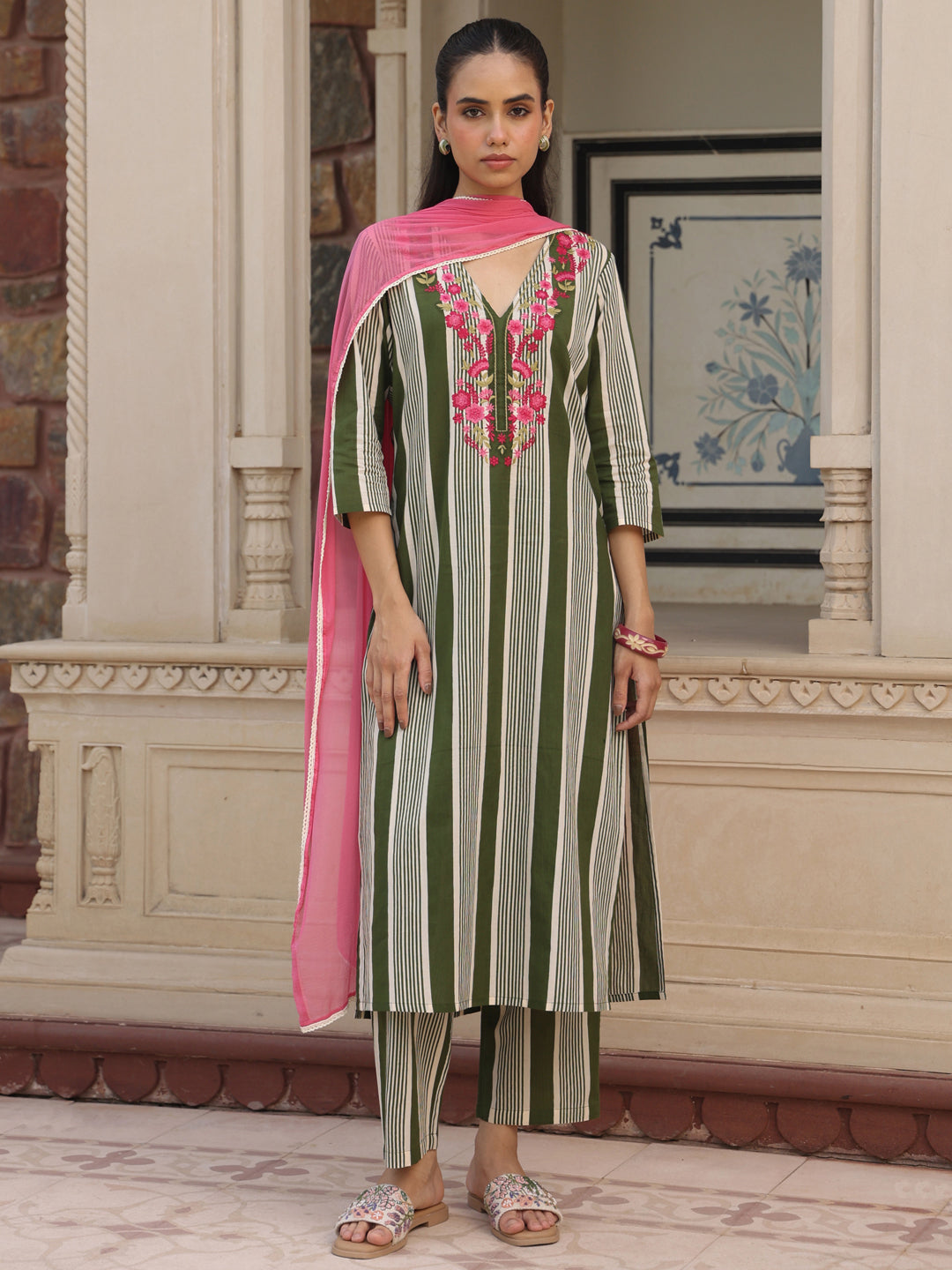Women’s Striped Embroidered Straight Kurta and Pants with Dupatta