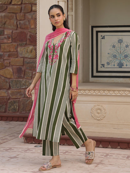 Women’s Striped Embroidered Straight Kurta and Pants with Dupatta
