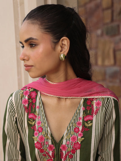 Women’s Striped Embroidered Straight Kurta and Pants with Dupatta