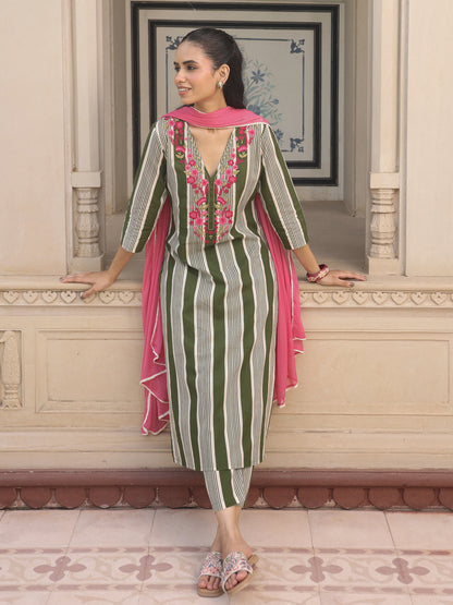 Women’s Striped Embroidered Straight Kurta and Pants with Dupatta