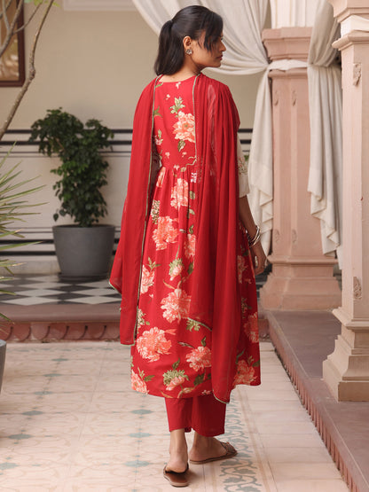 Women's Floral Embroidered Long Kurta Set with Dupatta