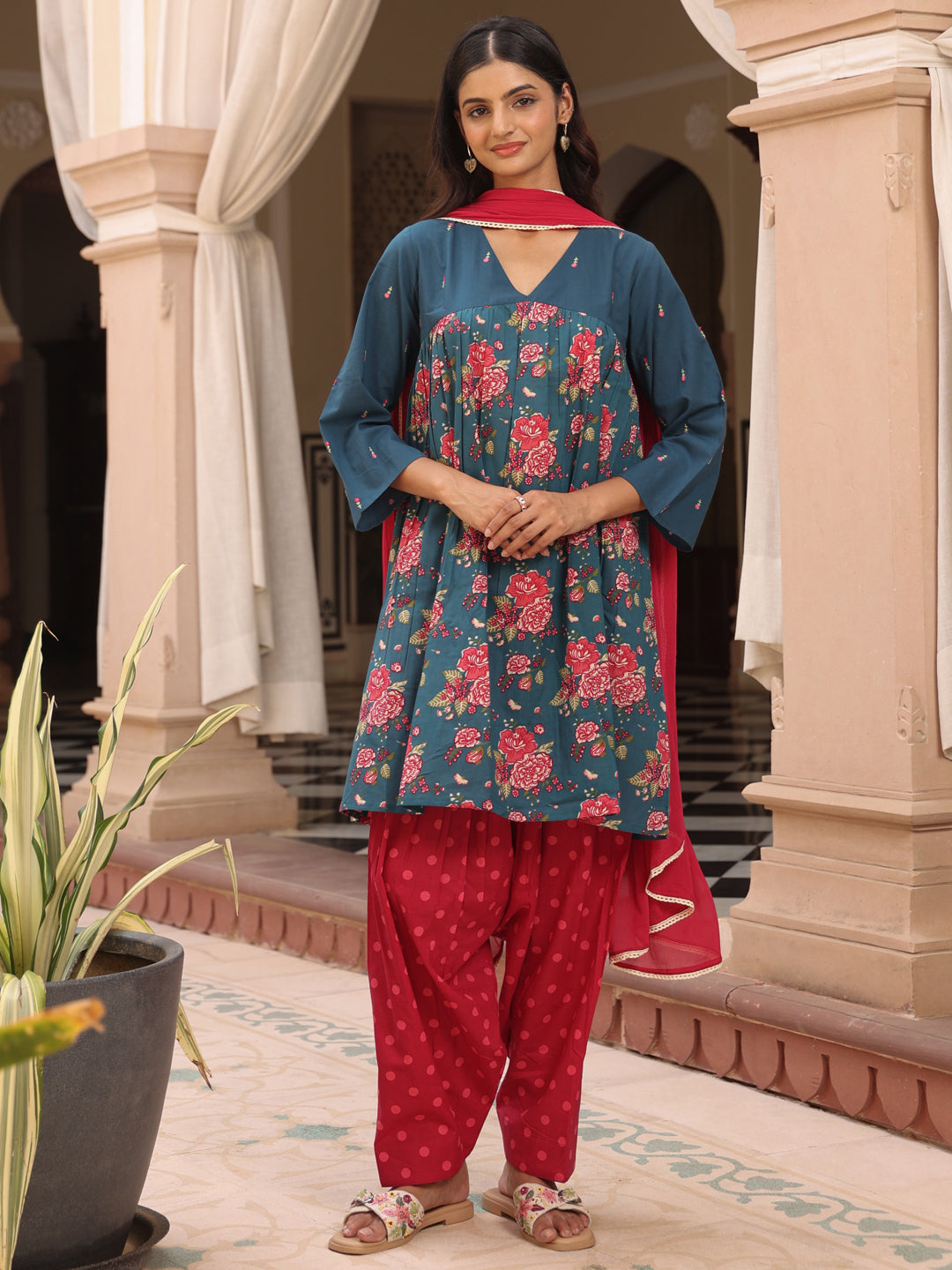 Women's Cotton Embroidered Kurta with Salwar and Dupatta