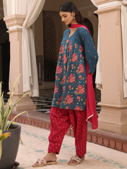 Women's Cotton Embroidered Kurta with Salwar and Dupatta