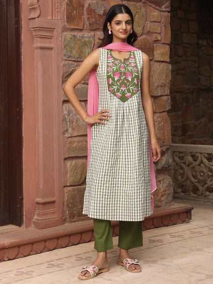 Women's Checkered Embroidered Long Kurta Set with Dupatta