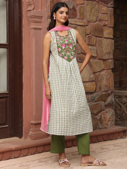 Women's Checkered Embroidered Long Kurta Set with Dupatta