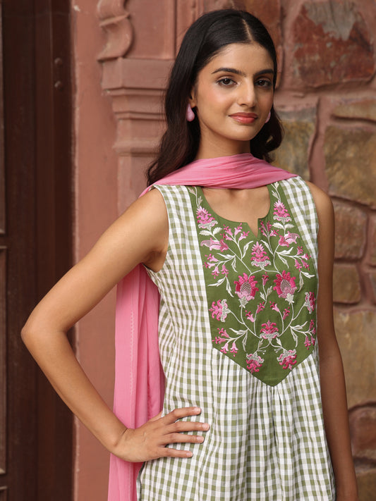 Women's Checkered Embroidered Long Kurta Set with Dupatta