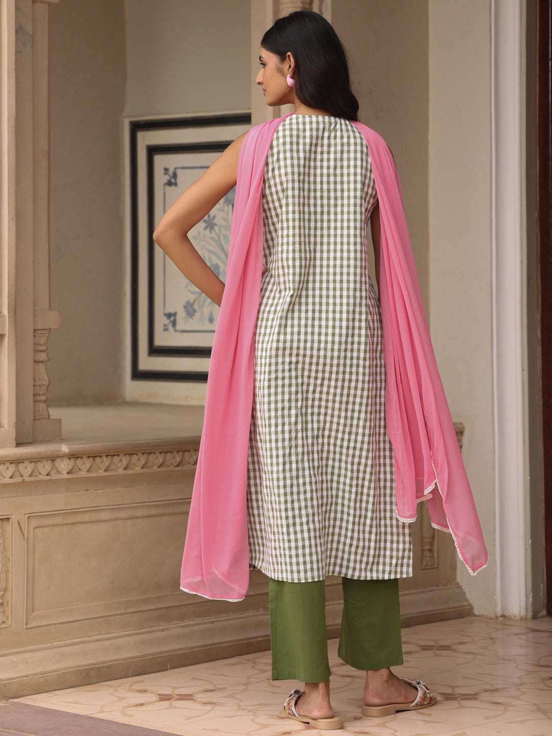Women's Checkered Embroidered Long Kurta Set with Dupatta