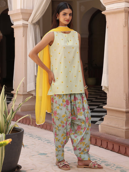 Women's Cotton Checkered Embroidered Embroidered Farshi Kurta Set With Dupatta