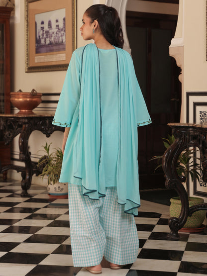 Women’s Solid Embroidered Kurta and Checkered Farshi Salwar with Dupatta