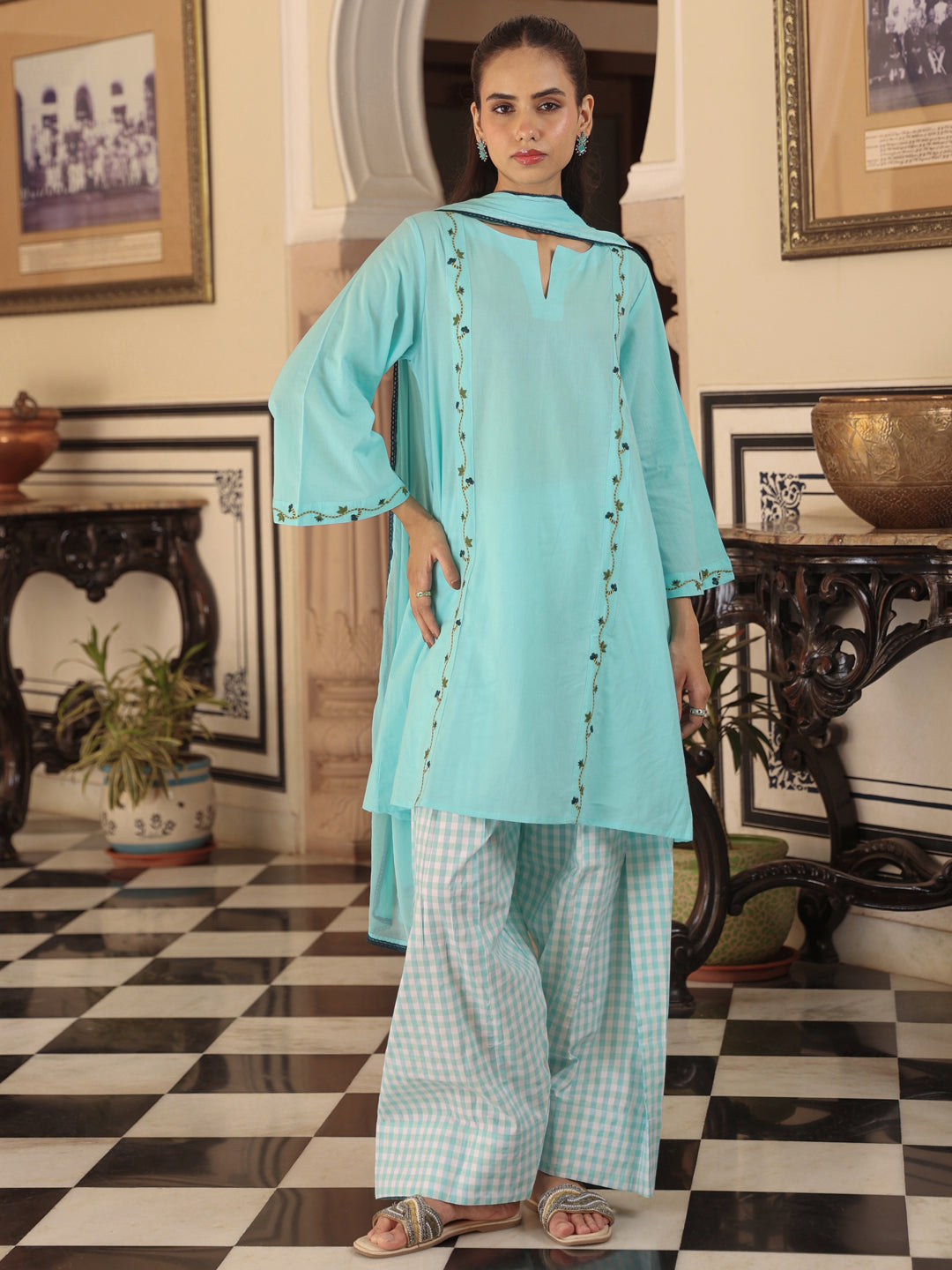 Women’s Solid Embroidered Kurta and Checkered Farshi Salwar with Dupatta