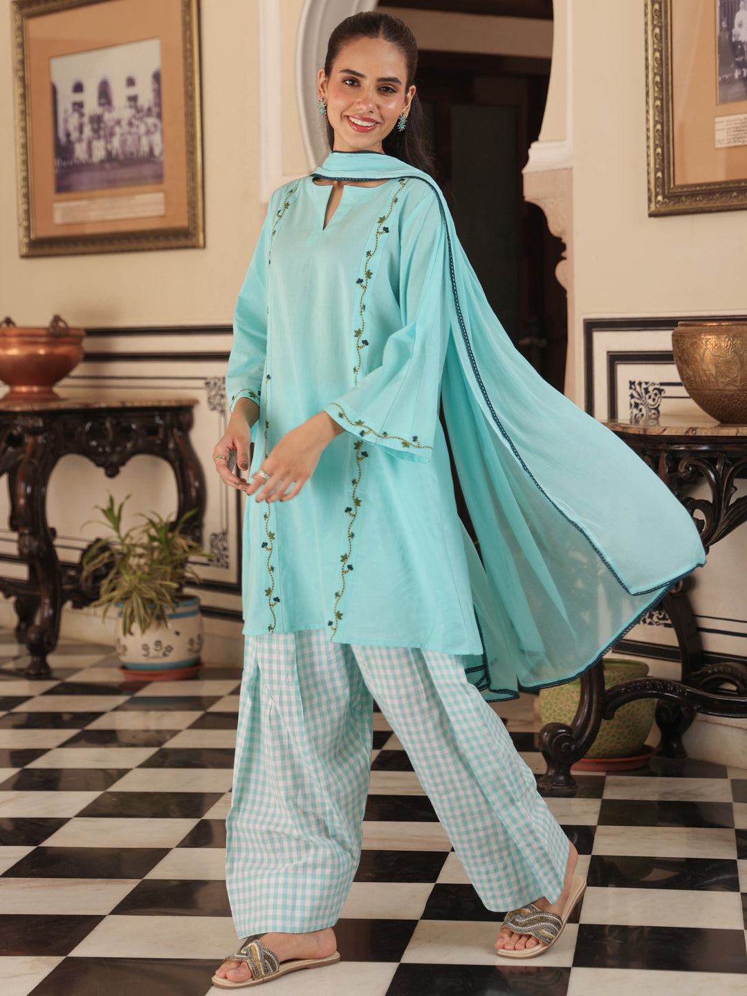 Women’s Solid Embroidered Kurta and Checkered Farshi Salwar with Dupatta