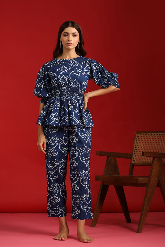 Women's Indigo Cotton Peplum Top with Straight Pants