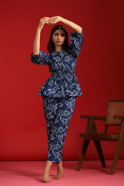 Women's Indigo Cotton Peplum Top with Straight Pants