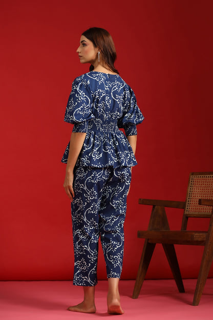 Women's Indigo Cotton Peplum Top with Straight Pants