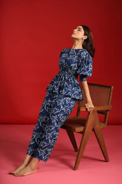 Women's Indigo Cotton Peplum Top with Straight Pants