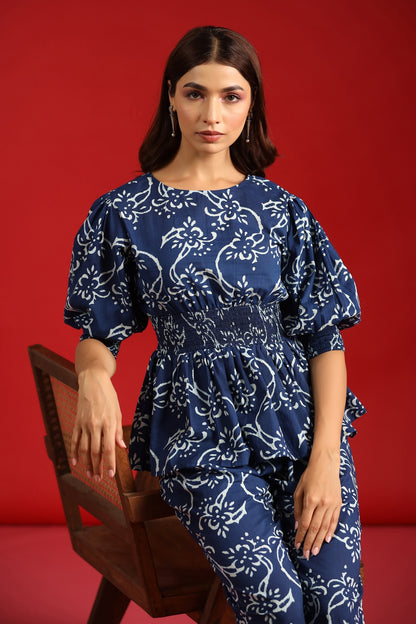 Women's Indigo Cotton Peplum Top with Straight Pants