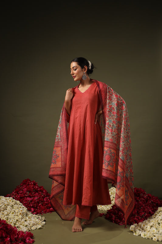 Women's Cotton Kurta Set with Printed Chanderi Dupatta