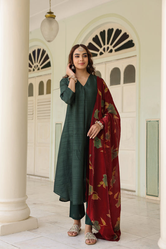 Women's Solid Kurta Set with Floral Dupatta