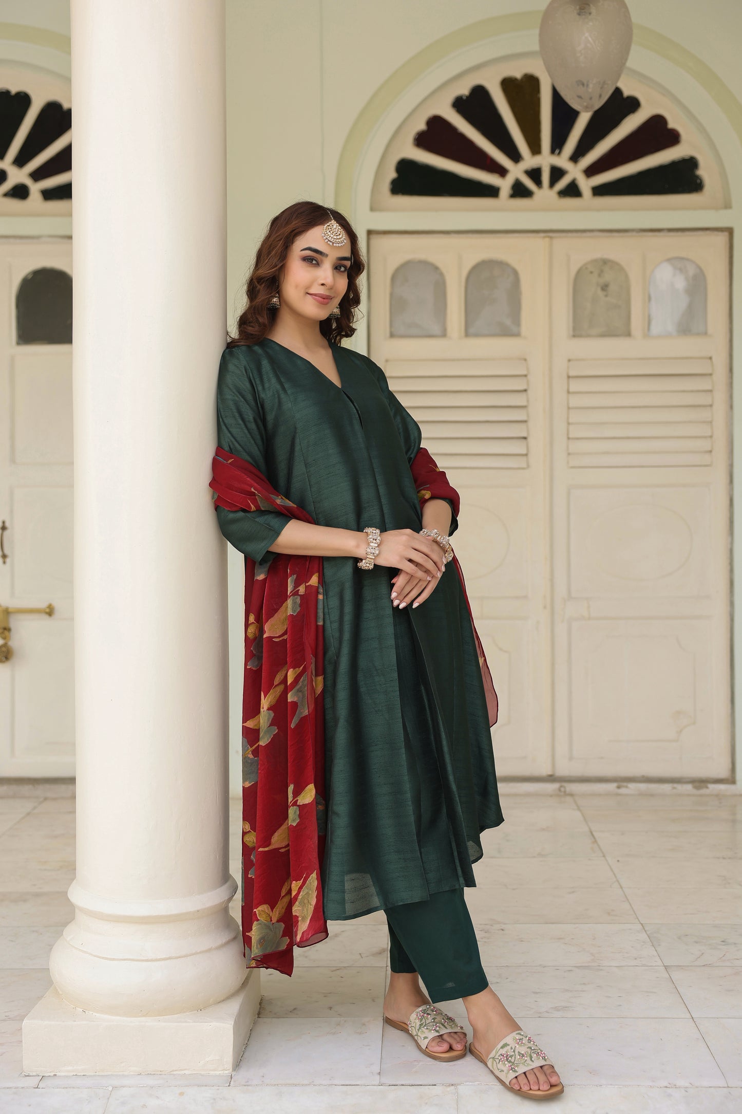 Women's Solid Kurta Set with Floral Dupatta