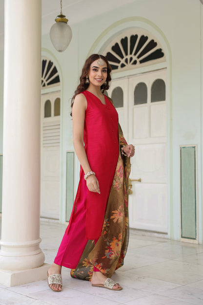 Women's Sleeveless Kurta Set with Floral Dupatta