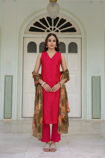Women's Sleeveless Kurta Set with Floral Dupatta