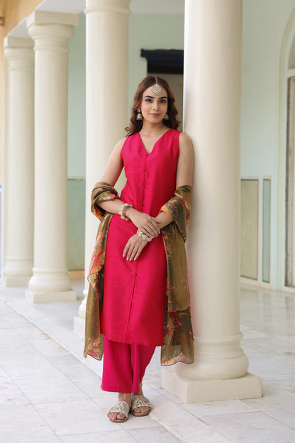 Women's Sleeveless Kurta Set with Floral Dupatta