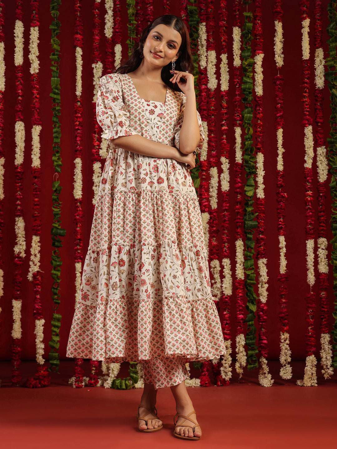 Women's Cotton Tiered Kurta with Straight Trousers