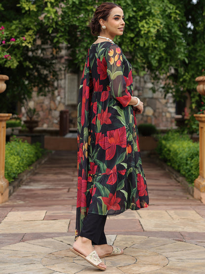 Women's Floral Tiered Angrakha Kurta Set