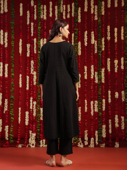 Women's Black Cotton Kurta Set with Printed Chanderi Dupatta