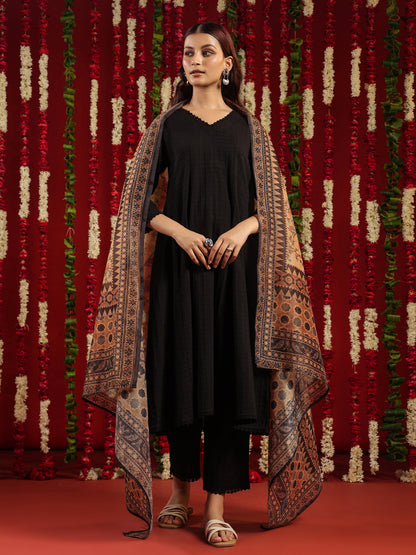 Women's Black Cotton Kurta Set with Printed Chanderi Dupatta