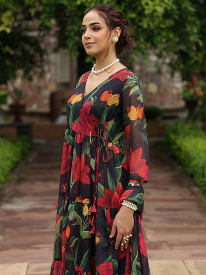 Women's Floral Tiered Angrakha Kurta Set