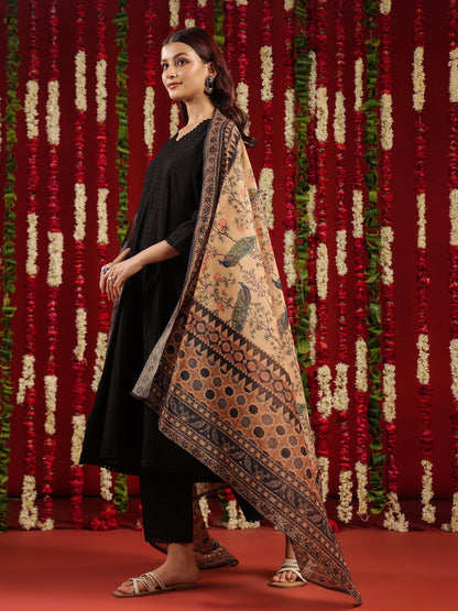 Women's Black Cotton Kurta Set with Printed Chanderi Dupatta